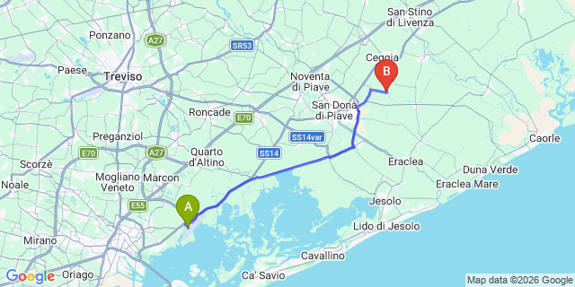 Map: Venice Marco Polo Airport (VCE) to Lido di Jesolo