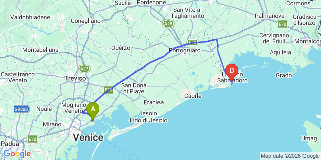 Map: Venice Marco Polo Airport (VCE) to Lignano Pineta