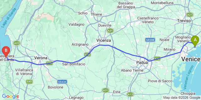 Map: Venice Marco Polo Airport (VCE) to Peschiera del Garda