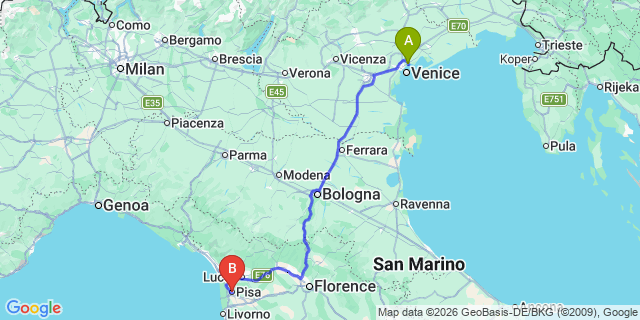 Map: Venice Marco Polo Airport (VCE) to Pisa