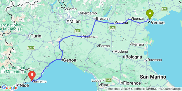 Map: Venice Marco Polo Airport (VCE) to Sanremo
