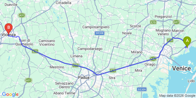 Map: Venice Marco Polo Airport (VCE) to Vicenza