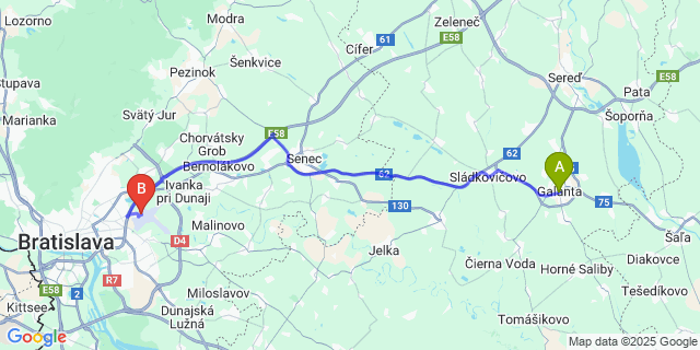 Map: Bratislava Airport (BTS) to Galanta