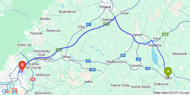 Map: Bratislava Airport (BTS) to Šaľa
