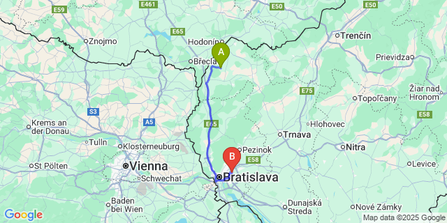 Map: Bratislava Airport (BTS) to Gbely