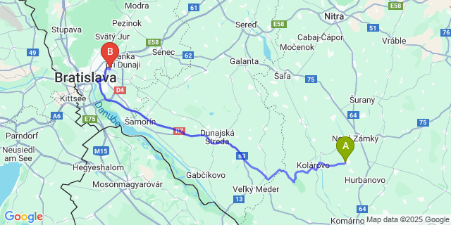Map: Bratislava Airport (BTS) to Nesvady
