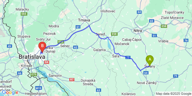 Map: Bratislava Airport (BTS) to Šurany