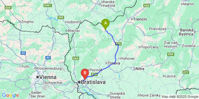 Map: Bratislava Airport (BTS) to Myjava