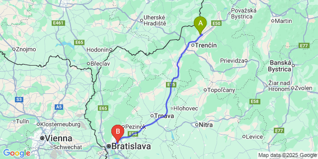 Map: Bratislava Airport (BTS) to Nemšová