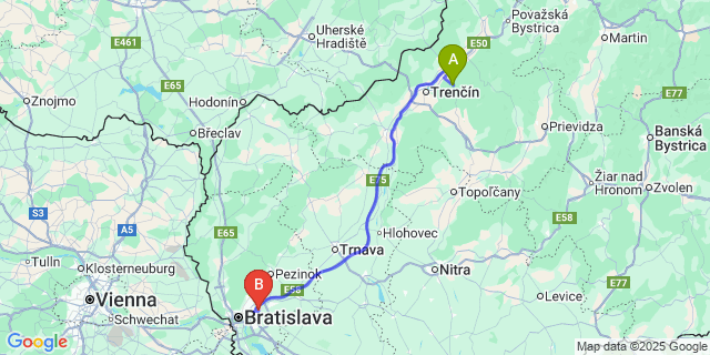 Map: Bratislava Airport (BTS) to Trenčianske Teplice