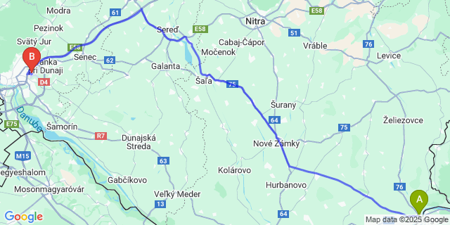 Map: Bratislava Airport (BTS) to Štúrovo