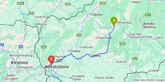 Map: Bratislava Airport (BTS) to Nováky
