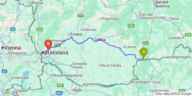 Map: Bratislava Airport (BTS) to Šahy