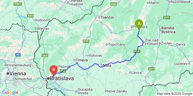 Map: Bratislava Airport (BTS) to Handlová