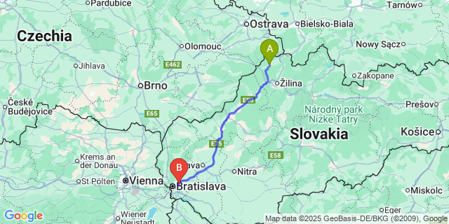 Map: Bratislava Airport (BTS) to Turzovka
