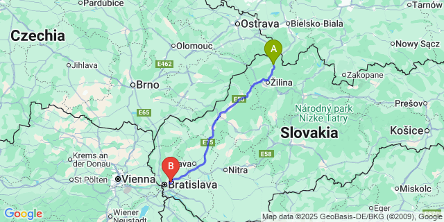 Map: Bratislava Airport (BTS) to Krásno nad Kysucou