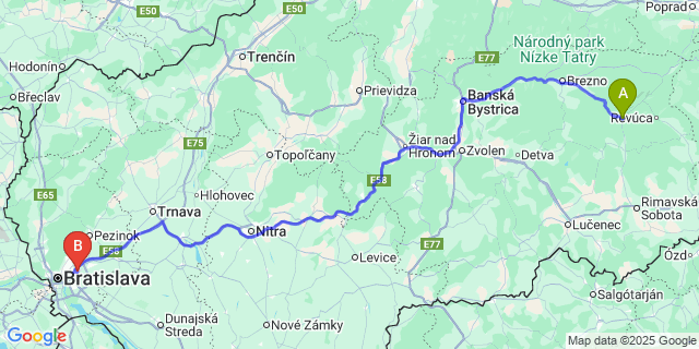 Map: Bratislava Airport (BTS) to Tisovec