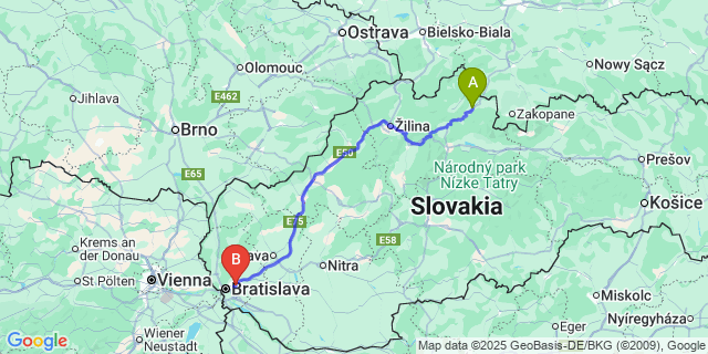 Map: Bratislava Airport (BTS) to Tvrdošín