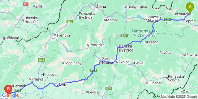 Map: Bratislava Airport (BTS) to Kežmarok