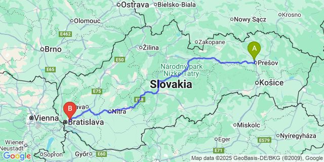 Map: Bratislava Airport (BTS) to Veľký Šariš