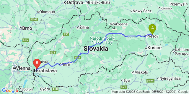Map: Bratislava Airport (BTS) to Hanušovce nad Toplou