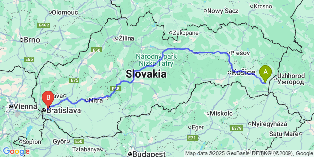 Map: Bratislava Airport (BTS) to Veľké Kapušany