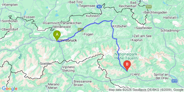 Map: Innsbruck Airport (INN) to Ainet in Osttirol