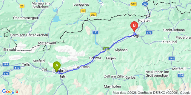 Map: Innsbruck Airport (INN) to Angaht