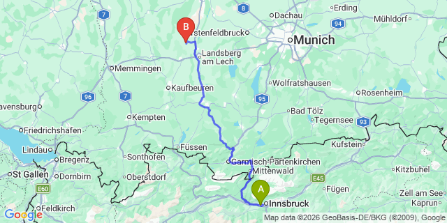 Map: Innsbruck Airport (INN) to Arzl im Pitztal