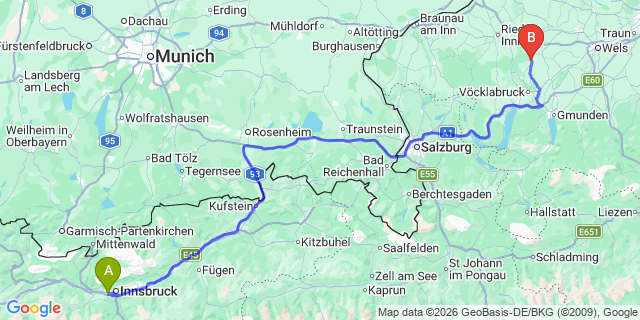 Map: Innsbruck Airport (INN) to Aurach am Hongar
