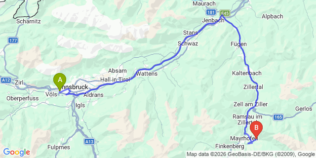 Map: Innsbruck Airport (INN) to Brandberg im Zillertal