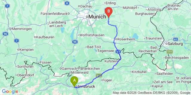 Map: Innsbruck Airport (INN) to Breitenbach am Inn
