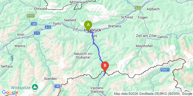 Map: Innsbruck Airport (INN) to Brenner Pass