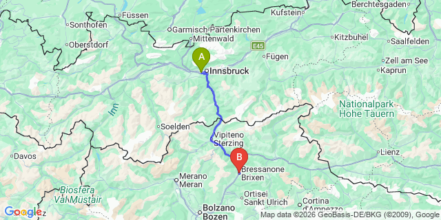 Map: Innsbruck Airport (INN) to Brixen in Südtirol