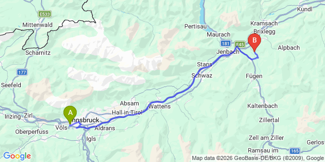 Map: Innsbruck Airport (INN) to Bruck am Ziller