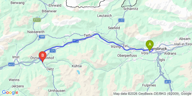 Map: Innsbruck Airport (INN) to Brunau bei Haiming