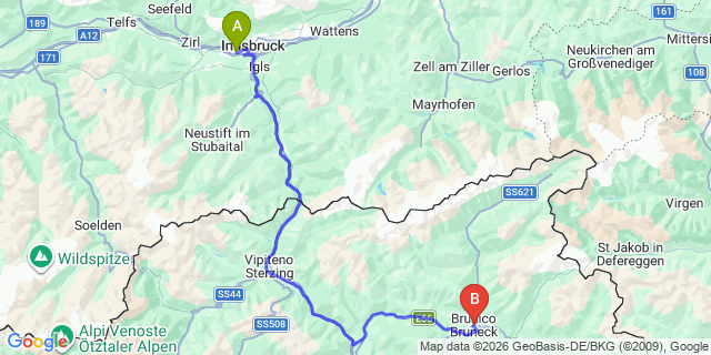 Map: Innsbruck Airport (INN) to Brunico