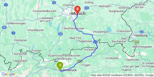 Map: Innsbruck Airport (INN) to Buch bei Jenbach