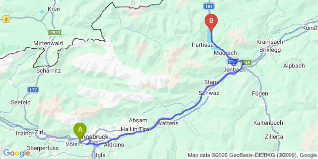Map: Innsbruck Airport (INN) to Buchau Eben Achensee