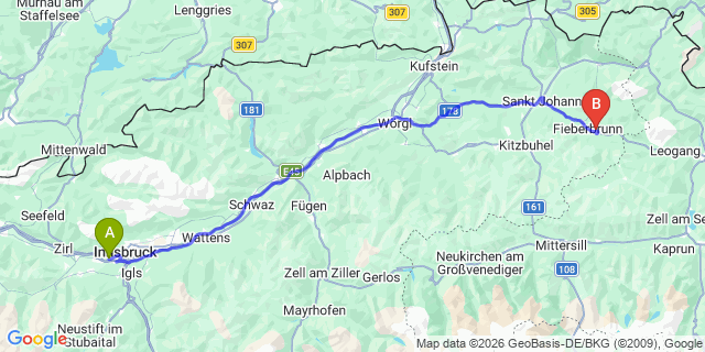 Map: Innsbruck Airport (INN) to Buchau Fieberbrunn