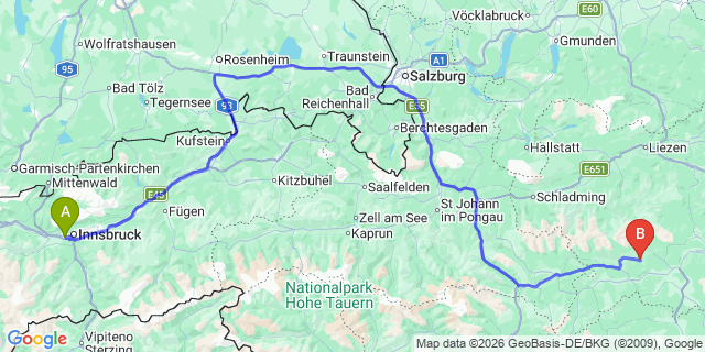 Map: Innsbruck Airport (INN) to Camping Bella Austria