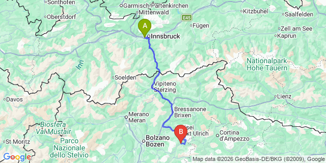 Map: Innsbruck Airport (INN) to Campitello di Fassa