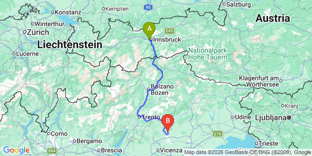 Map: Innsbruck Airport (INN) to Canazei