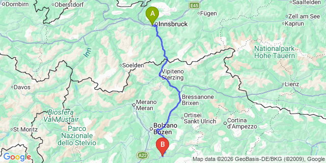 Map: Innsbruck Airport (INN) to Cavalese