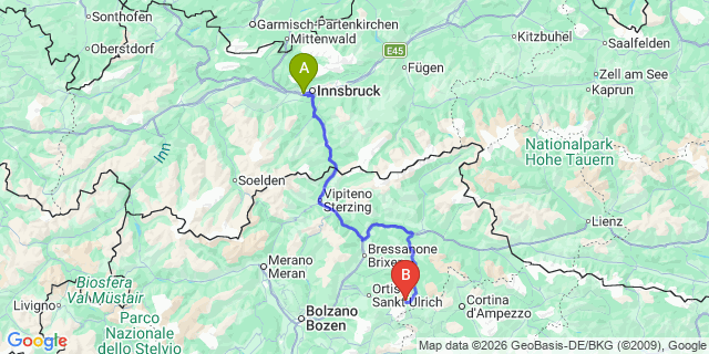 Map: Innsbruck Airport (INN) to Colfosco