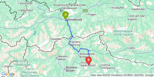 Map: Innsbruck Airport (INN) to Corvara in Badia