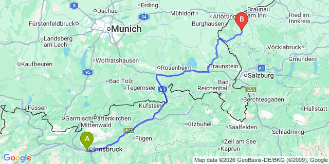 Map: Innsbruck Airport (INN) to Dienten am Hochkonig