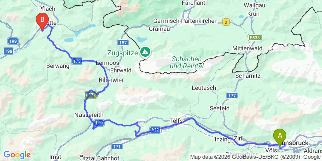 Map: Innsbruck Airport (INN) to Ehenbichl bei Reutte