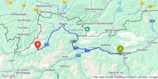 Map: Innsbruck Airport (INN) to Elbigenalp