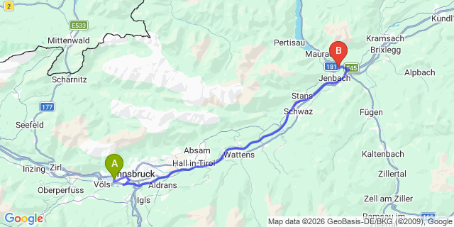 Map: Innsbruck Airport (INN) to Erlach bei Jenbach
